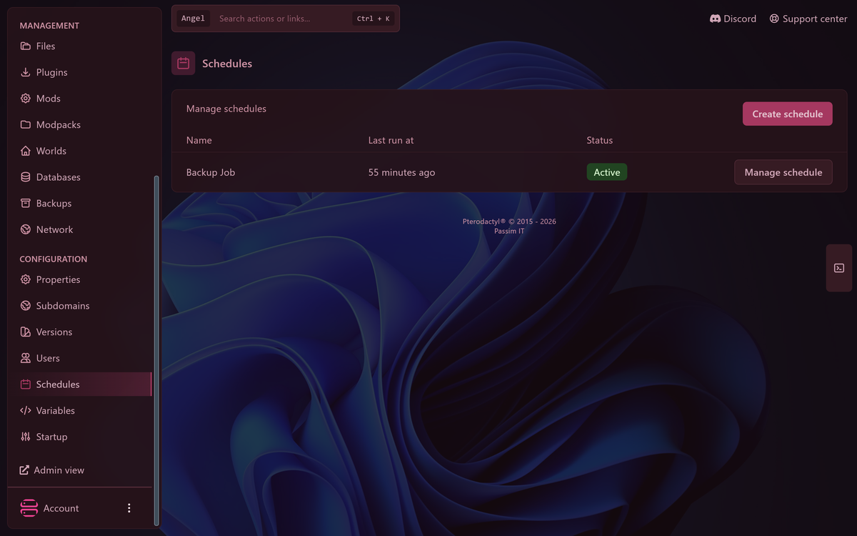 The schedule list showing an active recurring backup task